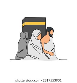 One continuous line drawing of a husband and wife who are performing the Hajj and Umrah in the holy land of Mecca. Worship is carried out in the month of Dzulhijah every year. Islamic design vector. 