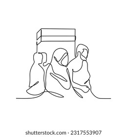 Eine kontinuierliche Zeichnung der Zeremonie des Hajj-Tages. Islamischer Feiertag, der auf den 10. Tag von Dhu al-Hijah des Mondes Islamischen Kalenders in einfachem linearen Stil fällt. Islamisches Designkonzept, Vektorgrafik