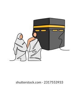 One continuous line drawing of a husband and wife who are performing the Hajj and Umrah in the holy land of Mecca. Worship is carried out in the month of Dzulhijah every year. Islamic design vector. 