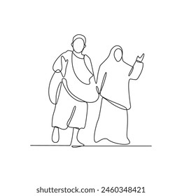 One continuous line drawing of a husband and wife who are performing the Hajj and Umrah in the holy land of Mecca. Worship is carried out in the month of Dzulhijah every year. Islamic design vector. 