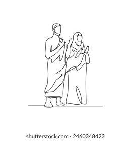 One continuous line drawing of a husband and wife who are performing the Hajj and Umrah in the holy land of Mecca. Worship is carried out in the month of Dzulhijah every year. Islamic design vector. 