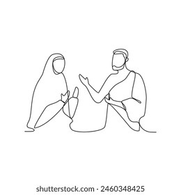 One continuous line drawing of a husband and wife who are performing the Hajj and Umrah in the holy land of Mecca. Worship is carried out in the month of Dzulhijah every year. Islamic design vector. 