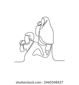 One continuous line drawing of a husband and wife who are performing the Hajj and Umrah in the holy land of Mecca. Worship is carried out in the month of Dzulhijah every year. Islamic design vector. 