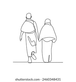 One continuous line drawing of a husband and wife who are performing the Hajj and Umrah in the holy land of Mecca. Worship is carried out in the month of Dzulhijah every year. Islamic design vector. 