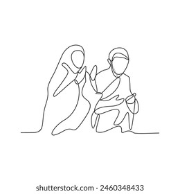 One continuous line drawing of a husband and wife who are performing the Hajj and Umrah in the holy land of Mecca. Worship is carried out in the month of Dzulhijah every year. Islamic design vector. 