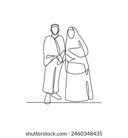 One continuous line drawing of a husband and wife who are performing the Hajj and Umrah in the holy land of Mecca. Worship is carried out in the month of Dzulhijah every year. Islamic design vector. 