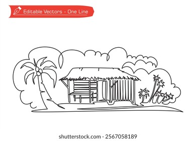 One continuous line drawing of a hut house on coast of Indonesia. Vector illustration of landscape of hut house in remote inland village with coconut trees and clouds as frame. One line drawing of hut