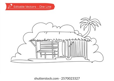 One continuous line drawing of hut house, coconut tree and fog. Vector illustration of simple line drawing of hut house, coconut tree and fog. Symbol, icon beauty in nature hut house on the coast.