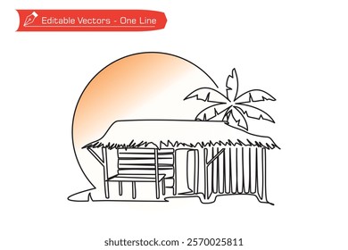 One continuous line drawing of hut house, banana tree and full moon, sun. Vector illustration of simple line drawing of hut house, banana tree and full moon. Symbol, icon beauty in nature hut house.