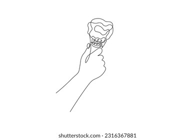 One continuous line drawing of ice cream. Linear hand holding gelato in waffle cone, summer dessert cafe concept. Vector art