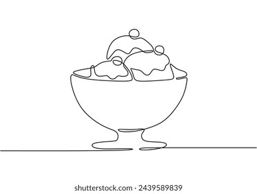 Una línea continua de dibujo de helado en un tazón con cereza