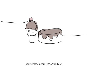 one continuous line drawing of ice cream and donuts with chocolate topping isolated on white background. Food concept vector illustration.