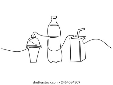 one continuous line drawing of ice cream, mineral water and soft drink isolated on white background. Drink menu concept vector illustration.