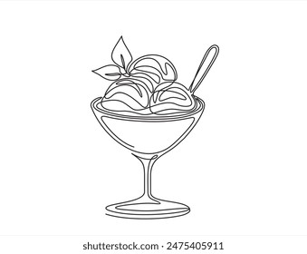 Eine durchgehende Linie Zeichnung von Eis in einer Schüssel. Eiscreme in Teller freihändig gezeichnete Silhouette Illustration. Vektorgrafik Line Art auf Weiß isoliert