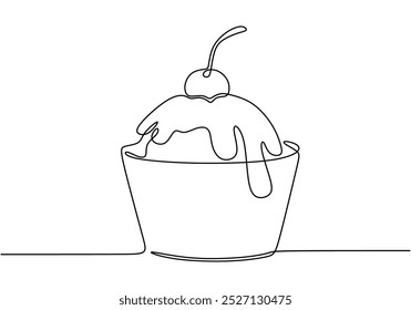 One continuous line drawing of an ice cream with cherry topping. Minimalist design for dessert and sweet treat concepts. Simple hand-drawn linear art.