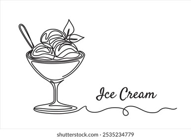 One continuous line drawing of ice cream in a bowl. Ice cream in plate freehand drawn silhouette illustration. Vector line art isolated on white