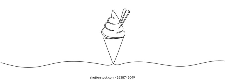 One continuous line drawing of ice cream. Vector line art isolated on white background Editable stroke