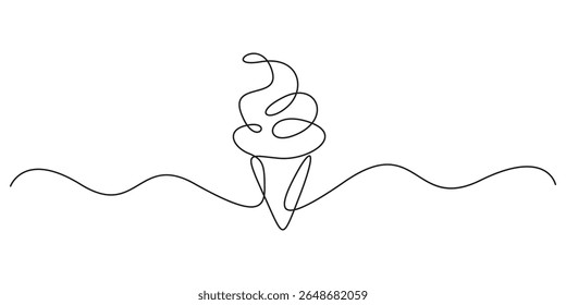 One continuous line drawing of Ice cream vector. Ice cream in a waffle cup single line vector linear icon. Ice cream on a stick outline line design, Ice cream cones. Vector illustration
