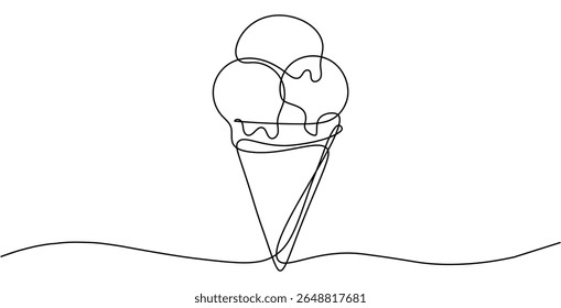 One continuous line drawing of Ice cream cone isolated on transparent background. Editable stroke. Hand drawn vector illustration
