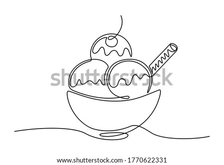 One continuous line drawing of ice cream in a bowl. Ice cream with cherry in plate freehand drawn silhouette illustration. Vector line art isolated on white background