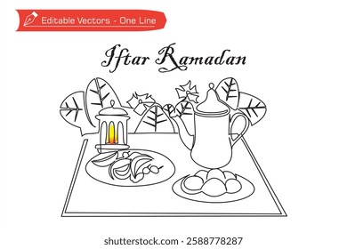 One continuous line drawing of iftar dishes, a plate of fruit and bread, a teapot, a lantern and a wide leaf decoration. Vector illustration of Iftar Ramadan Kareem, Ramadan Mubarak one line drawing.