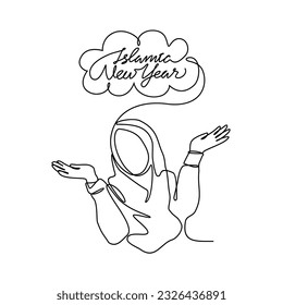 Eine kontinuierliche Zeichnung der Illustration von Menschen, die glücklich sind, das islamische neue Jahr willkommen zu heißen. Islamisches Neujahrsfest-Konzept in einfachem linearen Stil. Islamisches Design, Vektorgrafik