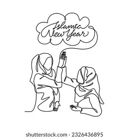 One continuous line drawing of illustration of people who are happy to welcome the Islamic new year. Islamic new year holiday concept in simple linear style. Islamic design concept vector illustration