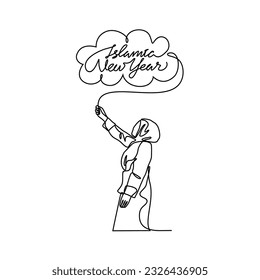 One continuous line drawing of illustration of people who are happy to welcome the Islamic new year. Islamic new year holiday concept in simple linear style. Islamic design concept vector illustration