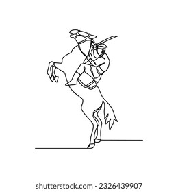 Un dibujo de línea continua de la ilustración de un soldado montando un caballo y sosteniendo un arma durante la guerra. soldado montando un concepto de caballo en un estilo lineal simple. ilustración vectorial de concepto de soldado.