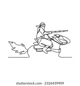 One continuous line drawing of illustration of a soldier riding a horse and holding a weapon during war. soldier riding a horse concept in simple linear style. soldier concept vector illustration.