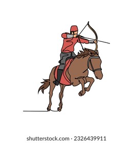Un dibujo de línea continua de la ilustración de un soldado montando un caballo y sosteniendo un arma durante la guerra. soldado montando un concepto de caballo en un estilo lineal simple. ilustración vectorial de concepto de soldado.