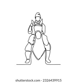 Un dibujo de línea continua de la ilustración de un soldado montando un caballo durante la guerra. soldado montando un concepto de caballo en línea continua de estilo lineal simple. ilustración vectorial de concepto de soldado.