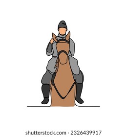 Un dibujo de línea continua de la ilustración de un soldado montando un caballo durante la guerra. soldado montando un concepto de caballo en línea continua de estilo lineal simple. ilustración vectorial de concepto de soldado.