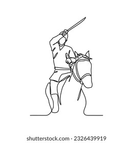 One continuous line drawing of illustration of a soldier riding a horse and holding a weapon during war. soldier riding a horse concept in simple linear style. soldier concept vector illustration.