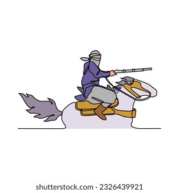 One continuous line drawing of illustration of a soldier riding a horse and holding a weapon during war. soldier riding a horse concept in simple linear style. soldier concept vector illustration.