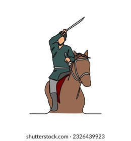Un dibujo de línea continua de la ilustración de un soldado montando un caballo y sosteniendo un arma durante la guerra. soldado montando un concepto de caballo en un estilo lineal simple. ilustración vectorial de concepto de soldado.