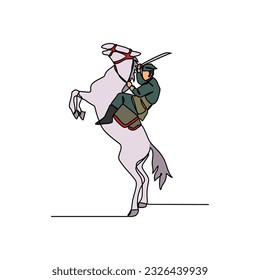 One continuous line drawing of illustration of a soldier riding a horse and holding a weapon during war. soldier riding a horse concept in simple linear style. soldier concept vector illustration.