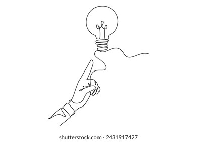 One continuous line drawing of illustration finger pointing to the light bulb. found a brilliant idea. Genius psychological logotype icon template concept. Modern single line draw graphic design vecto