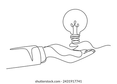 One continuous line drawing of illustration light bulb above businessman's hand. get a brilliant idea. Genius psychological logotype icon template concept. Modern single line draw graphic design vecto