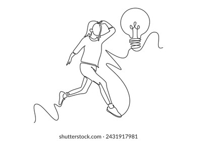 Una línea continua de dibujo de ilustración de mujer persiguiendo bombillas para encontrar ideas brillantes. Consigue una idea brillante. Concepto de plantilla de icono de logotipo psicológico genio. Gráfico moderno de una sola línea