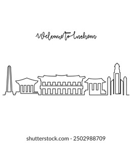 One continuous line drawing of Incheon skyline vector illustration. Modern city in South Korea in simple linear style vector design concept. Big city in South Korea. Icon architectural skyline.