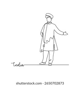 Un dibujo lineal continuo de la Ilustración vectorial de diseño de temas característicos de la India. India ropa nacional en concepto de diseño de Vector de estilo lineal simple. Buen diseño para el turismo y la campaña de viajes.