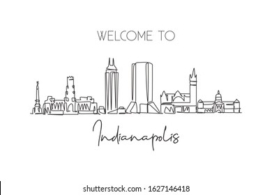 One continuous line drawing of Indianapolis city skyline, United States. Beautiful landmark. World landscape tourism travel poster. Editable stylish stroke single line draw design vector illustration