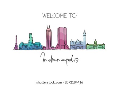 One continuous line drawing of Indianapolis city skyline, United States. Beautiful landmark. World landscape tourism travel poster. Editable stylish stroke single line draw design vector illustration