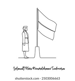 One continuous line drawing of Indonesia independence day on August 17th. Indonesia independence day  design in simple linear style vector illustration. Bahasa Translate: Indonesia independence day.
