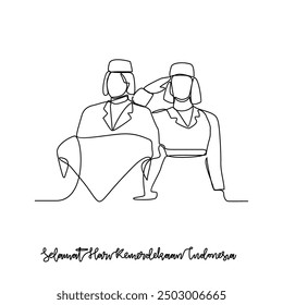 Eine durchgehende Linie Zeichnung von Indonesien Unabhängigkeitstag am 17. August. Indonesien Unabhängigkeit Tag Design in einfachen linearen Stil Vektorgrafik. Bahasa Übersetzen: Unabhängigkeitstag Indonesiens.