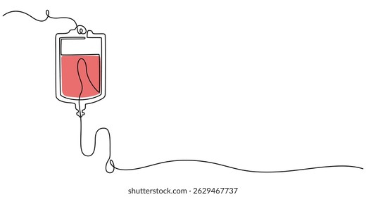 One continuous line drawing of infusion bag . Single line of iv bag vector illustration, Continuous one line drawing of iv bag - medical equiptment. blood medical bag, pro, Medicine, clinic and pro
