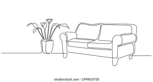 One Continuous line drawing of Interior with sofa and tropical plant. Modern home furniture for stylish apartment in simple doodle style. Editable stroke Vector illustration