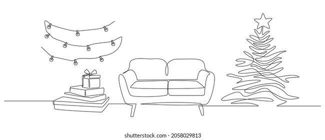 One continuous Line drawing of interior with sofa, gift boxes and  tree with garland. Stylish furniture for living room decor in simple linear style. Editable stroke Vector illustration