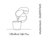 One continuous line drawing of International Coffee Day vector illustration. International Coffee Day themes design concept in simple linear continuous line. Great vector design for coffee campaign.